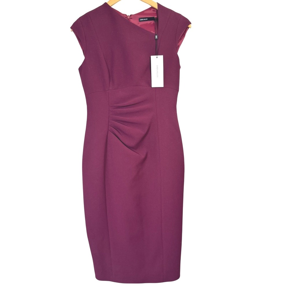 NWT Karen Millen Dress 6 Sheath Wine Burgundy Corporate Asymmetric Wedding Guest